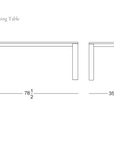 Line drawings of a solid American oak dining table with measurements: 78.5 inches long, 35.5 inches wide, and 29.5 inches high. The label reads Oli Dining Table by Wooden Stories, featured in the Danish collection. The SOBU Oakland logo appears in the bottom right corner.