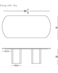 Line drawing of the Tathra Ellipse Dining Table | Oak by Wooden Stories from the Danish collection, featuring dimensions of 86.5″ long, 43.5″ wide, and 29.5″ high. The side view illustrates two wide legs spaced 18.5″ apart with a 12.5″ overhang—expertly crafted to contract grade standards for lasting durability and contemporary style. SOBU Oakland logo displayed at bottom right.