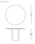 Line drawing of a Tathra Round Dining Table | Stone Top by Wooden Stories, labeled with 53-unit tabletop diameter and 29.5-unit height; features contract-grade solid oak construction and the Wooden Stories logo in the corner.