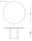 Line drawing of a round pedestal table shown from the top and side. The table's diameter is 61", height is 29.5", with a stone top by Wooden Stories. Includes Wooden Stories logo and "Tathra Round Dining Table | Stone Top" label.