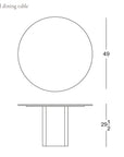 Line drawing of the Tathra Round Dining Table | Stone Top by Wooden Stories, showing top view and side profile with dimensions: 49-inch diameter, 29.5-inch height. Wooden Stories logo in bottom right corner. Contract grade quality.