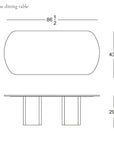 Line drawing of the Tathra Ellipse Dining Table | Stone Top by Wooden Stories with measurements: 86.5" L x 43.5" W x 29.5" H, showing top and side views with three supports, reflecting European craftsmanship.