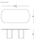 Line drawing of the Tathra Ellipse Dining Table | Stone Top by Wooden Stories, 94.5" L x 43.5" W x 29.5" H, with side and top views showing European craftsmanship, alongside the SOBU Oakland logo.