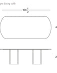 Line drawing of the Tathra Ellipse Dining Table | Stone Top by Wooden Stories, with dimensions 106.5"L x 43.5"W x 29.5"H, showing top and side views and featuring expert European craftsmanship; SO|BU Oakland logo shown lower right.