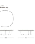 Line drawing of the Eden Coffee Table | Wood & Stone by Wooden Stories, with a rounded square Carrara marble top. Top and side views show dimensions: 39.5” wide, 14” high. Scandinavian-inspired design. SoBu Oakland logo in lower right corner.