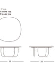 Line drawing of the Eden Coffee Table | Wood & Stone by Wooden Stories, shown from top, side, and front. Dimensions: 35 x 35 x 14 inches. Available with Carrara marble or solid American oak top. Wooden Stories logo in bottom right.