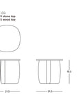 Line drawing of the Eden Side Table | Stone Top by Wooden Stories, with top and side views, shows 21.5" width and 19.5" height. Available in stone or American oak tops. Wooden Stories logo displayed in the lower right corner.