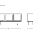 Line drawing of the Yorke Sideboard by Wooden Stories, showing front and side views with dimensions: 65" wide, 17.5" deep, and 28" high. SOBU Oakland logo is in the bottom right corner.