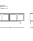 Line drawing of the Wooden Stories Yorke Sideboard, inspired by Scandinavian design with four doors, shown from front and side. Dimensions: 78.5"W x 17.5"D x 28"H. Choose solid oak or stone top. Wooden Stories logo in lower right corner.