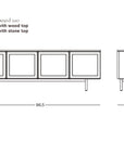 Line drawing of the Yorke Sideboard | Wood Top by Wooden Stories, with Scandinavian-inspired design, four doors, raised legs, front and side views. Dimensions: 86.5" W x 17.5" D x 28" H. Shown with wood top.