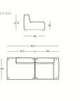 Line drawing of the Wooden Stories Baker Modular Sofa | Fabric • M1—side and top views with dimensions: height 27.5, depth 40, seat height 16, sofa width 95.5, seat depths 51.5 & 44. SO|BU Oakland logo in lower right.