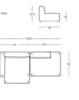 Line drawing of the Baker Modular Sofa | Fabric • M4, a modern modular sofa by Wooden Stories, shown from side and top views with labeled dimensions in inches. Branding appears in the bottom right corner.