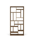 The Ethnicraft M Rack Tall - Teak is a tall, rectangular bookshelf with an open back, crafted from teak and featuring Mondrian-inspired geometric shelves, shown against a plain white background.