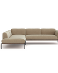 The Department Modular Sofa | Fabric • M6 by Wooden Stories is a modern beige L-shaped sectional with slim black metal legs and a low FSC-certified oak base, shown against a plain white background.