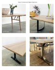 The Mars Live Edge Dining Table by SOBU, crafted from solid white ash with brass T legs, is displayed on the showroom floor with clear labeled images.