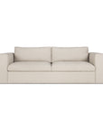 The Ethnicraft Mellow Sofa - Off White is a modern, minimalist piece with wide armrests, two seat cushions, and two back cushions, crafted from recycled cotton and displayed against a plain white background.