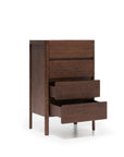 The Nell Tall Dresser by Wooden Stories is a dark wood piece from the Danish Collection, featuring four spacious drawers—three shown partially open—for generous bedroom storage. Elevated on tall legs and equipped with premium metal runners for smooth, durable drawer operation, this elegant dresser is set against a crisp white background.