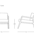 Line drawing of the Nysse Lounge Chair | Fabric by Wooden Stories, a Scandinavian lounge chair, with front and side views, dimensions: 30"W x 36"D x 32.5"H, seat height 19.5". SOBU Oakland logo featured at the lower right corner.