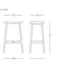 Line drawing of the Odd Counter Stool | Fabric by Wooden Stories, inspired by Danish design, with front and side views showing measurements: front width 15.5", seat depth 11.5", seat height 26", base width 16.5", side depth 13". SOBU Oakland logo lower right.