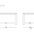 Front and side line drawings of the rectangular Oli Dining Table by Wooden Stories, with dimensions labeled in inches.