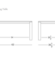 Technical drawing showing the front and side profile dimensions of the solid American oak Oli Dining Table from the Danish collection.