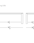 Line drawing of the Oli Dining Table by Wooden Stories, showing rectangular front and side views with dimensions labeled in inches.