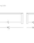 Technical drawing of the Oli Dining Table by Wooden Stories, a contract grade solid American oak table shown in front and side views with dimensions of 86.5 inches long, 35.5 inches wide, and 29.5 inches high.