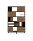 The Ethnicraft Oscar Rack - Teak is a modern bookcase with a black frame and natural solid teak shelves, featuring open and closed compartments for an asymmetrical, geometric look.