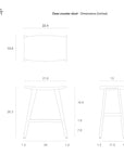 Line drawing of the Ethnicraft Osso Counter Stool - Teak, showing FSC-certified teak construction; seat width 22.4, seat depth 13, seat height 26.3, side bar height 13.7, and other dimensions detailed in inches.