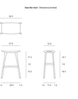 Line drawing of the Ethnicraft Osso Barstool - Teak with front, side, and top views. Inch dimensions indicate width, height, seat depth, and leg spacing. Features a curved seat and four legs made from FSC-certified teak.