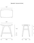 Technical drawing of the Osso Outdoor Stool with cushion by Ethnicraft, showing front, top, and side views with inch measurements. Key dimensions: 19.7 wide, 12.9 deep, and 19.3 high, with labeled seat and base heights.