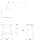 Line drawings of the Ethnicraft Osso Dining Stool - Teak with Black Leather show top (19.5x13), front, and side views, with height 20, seat thickness 0.8, and leg spacing—ideal for teak furniture enthusiasts.