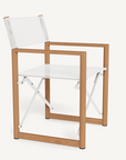 The Harbour Pacific Folding Chair - Teak features a solid teak frame, white mesh backrest and seat, angular lines, and metal crossbars, combining minimalist style with contemporary design.