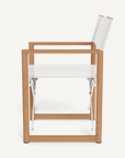 Side view of the Harbour Pacific Folding Chair - Teak, featuring a solid teak frame, white mesh sling seat and backrest, and metal supports, set against a plain white background.