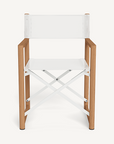 The Harbour Pacific Folding Chair - Teak features a solid teak frame, light brown wooden arms and legs, white metal crossbars, plus a white fabric seat and backrest. It’s shown against a plain white background.