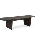 The Ethnicraft PI Coffee Table in solid mahogany features a smooth rectangular top with rounded edges and two wide, curved legs. Its minimalist design brings a contemporary flair to any space.