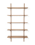 The Ethnicraft PI Wall Shelf - Mahogany (5 shelves) is a minimalist, modern wooden shelving unit with five evenly spaced horizontal shelves and vertical supports, shown wall-mounted against a white background.