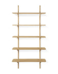 The Ethnicraft PI Wall Shelf - Oak (5 shelves) is a minimalist, wall-mounted unit with five evenly spaced shelves and vertical side panels, shown against a plain white background.