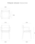 Line drawings of the Ethnicraft PI Dining Chair - Teak Dark Brown with arms, showing top, front, and side views with detailed dimensions in inches for each angle.