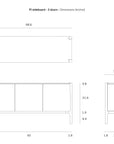Line drawing of the Ethnicraft PI Sideboard in solid teak, shown from top, front, and side views with labelled dimensions. Features three doors; Ethnicraft PI Sideboard - Teak appears at the top. Available in 3 sizes.