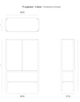 Line drawing of the Ethnicraft PI Cupboard - Oak with 2 doors, shown from front, side, and top. Dimensions: 67”H x 43.5”W x 17.5”D; legs: 27.5”H, cupboard body: 39.5”H; highlights handcrafted storage design.
