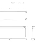 Line drawing showing top, front, and side views of the Ethnicraft Pi Bench - Teak with rounded corners. Dimensions (in): 57.5 L x 13.8 D x 18.1 H; includes leg and overhang details. Ethnicraft logo at top left.
