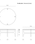 Line drawing diagram of the Ethnicraft PI Coffee Table - Mahogany, with top and side views showing dimensions in inches: 31.5 diameter, 13.8 height, detailing base thicknesses and clearances. Ethnicraft logo displayed at top left.