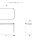 Technical drawing of Ethnicraft's Pi Dining Table - Teak Brown, made from FSC-certified teak, with dimensions in inches labeled: top view (55x31.5), side view (height 30), and end view showing leg positions and table thickness.