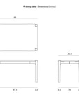Line drawing of the Ethnicraft Pi Dining Table - Teak Brown (FSC-certified teak). Dimensions: 63"L x 31.5"W x 30"H (inches). Top, front, and side views shown; Ethnicraft logo appears in the top left corner.