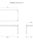 Black and white diagram showing dimensions of the Ethnicraft Pi Dining Table - Teak Brown: 71" L x 35.5" W x 30" H, with top, front, and side views and measurements. Made from FSC-certified teak.