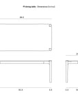 Line drawings of the Ethnicraft Pi Dining Table - Teak Brown in FSC-certified teak, showing top, front, and side views with dimensions: 86.5"L x 37.5"W x 30"H (inches). Both "Ethnicraft" and "Pi Dining Table" are labeled.