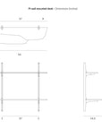 Line drawing of the Ethnicraft PI Wall Mounted Desk showing front, side, and top views with dimensions in inches: desk is 55W x 14.5D x 19H; wall mount structure height is 49.5.
