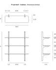 Technical drawing of the Ethnicraft PI Wall Shelf - Oak (3 shelves), displaying front and side views with detailed measurements in inches for width, height, depth, and spacing between the solid oak shelves.
