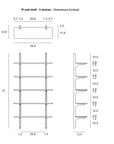 Technical drawing of the Ethnicraft PI Wall Shelf - Oak (5 shelves), displaying front and side views with detailed inch measurements for shelf width, depth, height, and spacing between the 5 solid oak shelves.